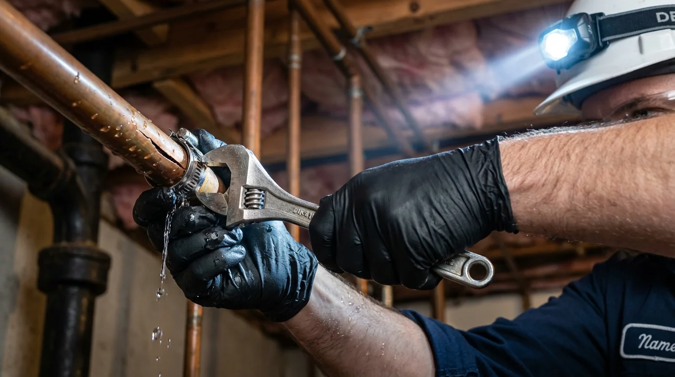 Emergency pipe clamp repair being performed by a Johns Plumbing LLC plumber in Bronson