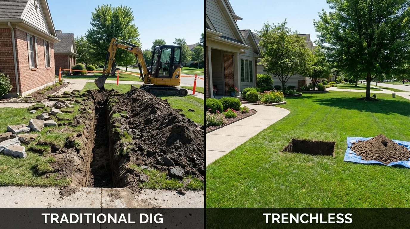 Trenchless sewer repair with minimal yard damage versus traditional excavation in Bronson, MI